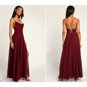 NWOT Lulus Romantically Speaking Burgundy Cowl Lace-Up Maxi Dress